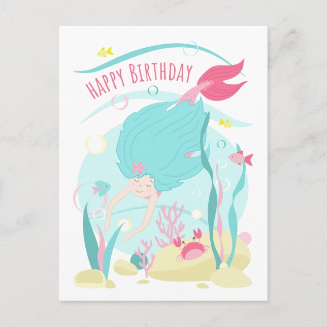 Postal Festiva Pequeña sirena buceando bajo el mar (Anverso)