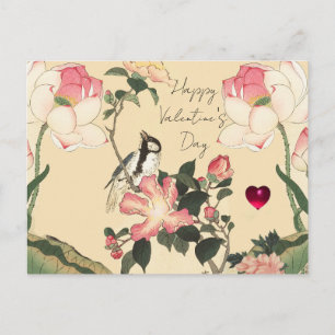 Postal Festiva PEQUEÑO PÁJARO, ROSAS ROSADAS, FLOR DE LOTUS Día d