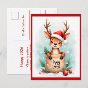 Postal Festiva Pequeño reno con gorro de Santa 2027
