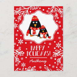 Postal Festiva Pequeños pingüinos divertidos | Navidades de nombr