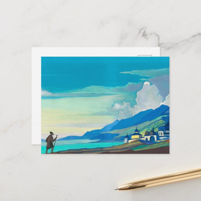 Postal Festiva Peregrino de la ciudad radiante, por Nicholas Roer (Anverso/Reverso In Situ)