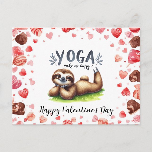 Postal Festiva Perezoso en clase de yoga el día de San Valentín  (Anverso)