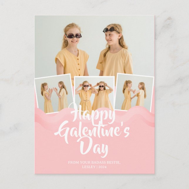 Postal Festiva Perforación rosa dulce Galentines día bestial Foto (Anverso)