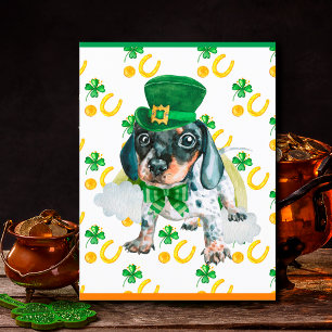 Postal Festiva Perrito Cachorro Salchicha Trébol Día de San Patri