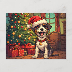 Postal Festiva Perrito desaliñado sombrero de Santa Claus árbol d