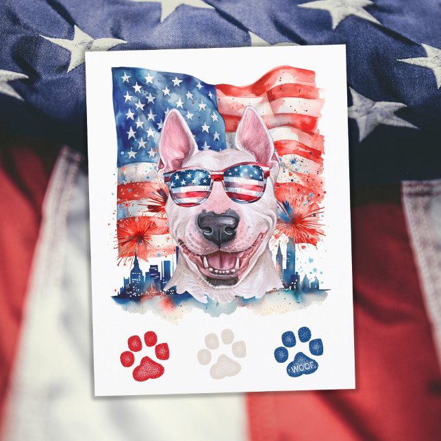 Postal Festiva Perro azul y blanco rojo del toro 4 de julio (Subido por el creador)