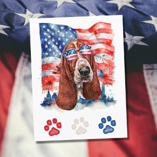 Postal Festiva Perro Basset Hound Rojo Blanco y Azul 4 de Julio