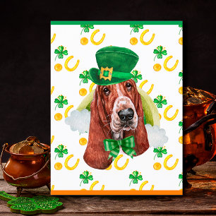 Postal Festiva Perro Basset Hound Trébol Día de San Patricio