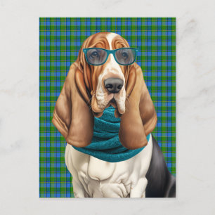 Postal Festiva Perro Basset Hound y Cuadro Teal Monogramado