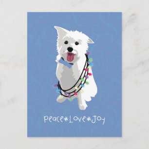 Postal Festiva Perro blanco fluffy - Paz Alegría Amor - Vacacione
