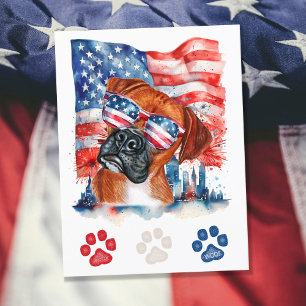 Postal Festiva Perro Boxer Rojo Blanco y Azul Americano 4 de Juli