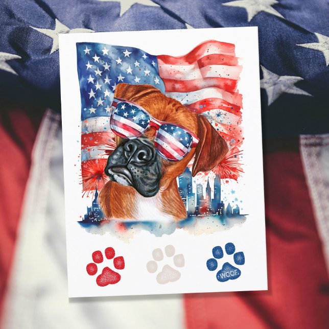 Postal Festiva Perro Boxer Rojo Blanco y Azul Americano 4 de Juli (Subido por el creador)