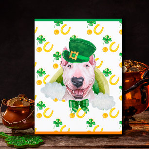 Postal Festiva Perro Bull Terrier Shamrock Día de San Patricio