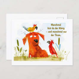 Postal Festiva Perro cómico acuarela con dos loros