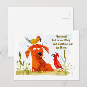 Postal Festiva Perro cómico acuarela con dos loros