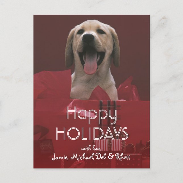 Postal Festiva Perro con regalos de vacaciones (Anverso)