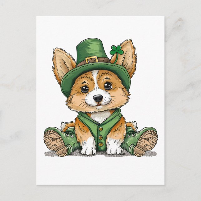 Postal Festiva Perro Corgi del Día de San Patricio (Anverso)