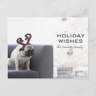 Postal Festiva Perro de cerdo con cuernos de reno en el sofá