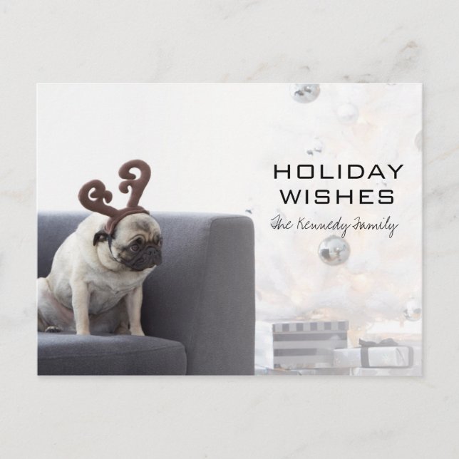 Postal Festiva Perro de cerdo con cuernos de reno en el sofá (Anverso)