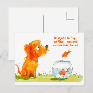 Postal Festiva Perro de cómic acuarela y pecera de goldfish