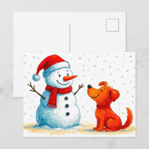 Postal Festiva Perro de cómic en acuarela con muñeco de nieve en 