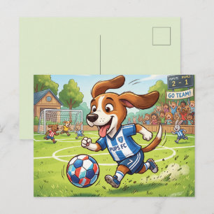Postal Festiva Perro de dibujos animados jugando fútbol o fútbol