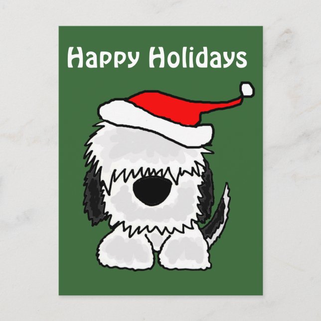 Postal Festiva Perro de ovejas inglesas divertidas en Santa Hat (Anverso)