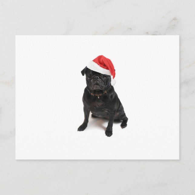 Postal Festiva Perro de pug negro con sombrero de santa roja (Anverso)