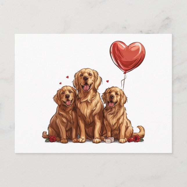 Postal Festiva Perro día de San Valentín Golden Retriever (Anverso)