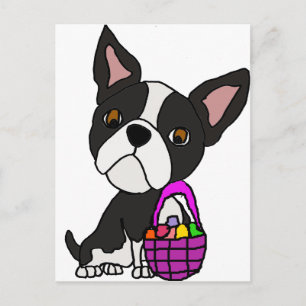 Postal Festiva Perro divertido de Boston Terrier con la cesta de