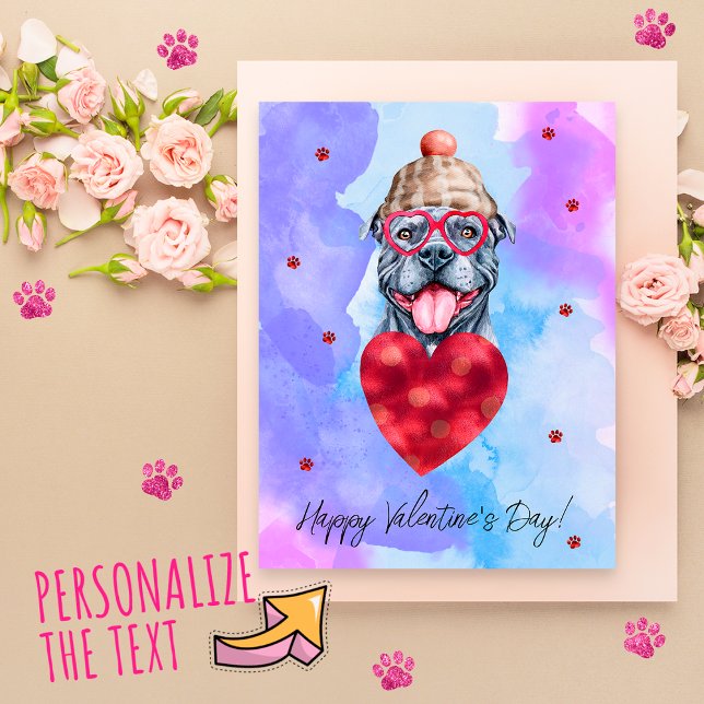 Postal Festiva Perro El día de San Valentín de Pitbull gris morad (Subido por el creador)