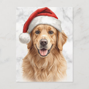 Postal Festiva Perro feliz Golden Retriever con sombrero de Santa