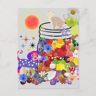 Postal Festiva perro, gato y frutas y flores