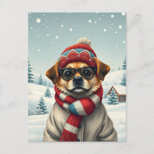 Postal Festiva Perro Guay con atuendo de invierno precoz e invier