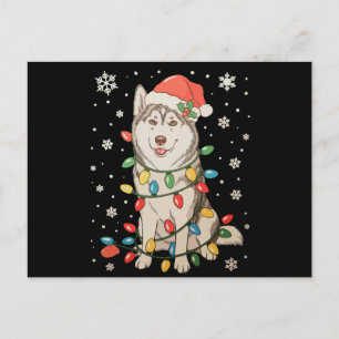 Postal Festiva Perro Husky Gorro de Santa Luces del Árbol de Navi
