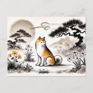 Postal Festiva Perro Leal en Jardín Bajo arte de tinta Bonsai