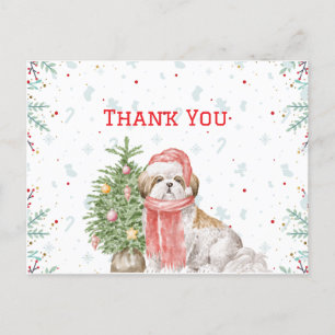 Postal Festiva Perro lindo Shihtzu Santa Cap Navidades Gracias
