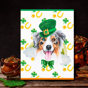 Postal Festiva Perro Pastor Australiano Shamrock Día de San Patri