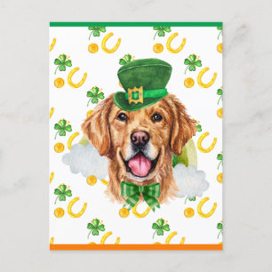 Postal Festiva Perro Retriever Dorado Crema Shamrock Día de San P