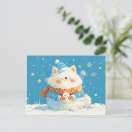Postal Festiva Perro Samoyedo Acogedor con Mini Muñeco de Nieve