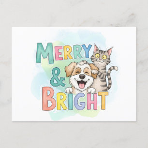 Postal Festiva Perro y gato lindo merry y brillante
