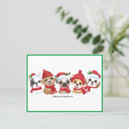 Postal Festiva Perros en animales Santa Hats cachorra verde moder