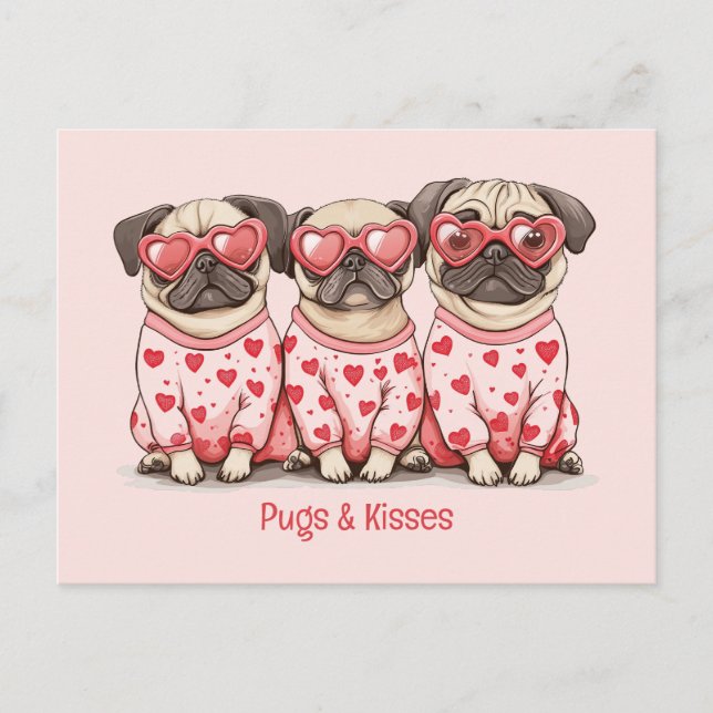 Postal Festiva Perros Pug Y Besados Día de San Valentín Pug (Anverso)