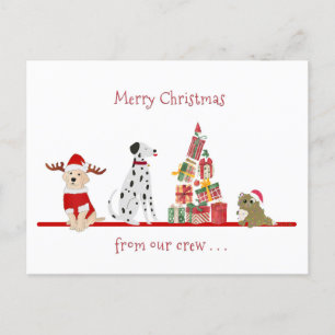 Postal Festiva Perros y Navidades gatos con árbol de regalos