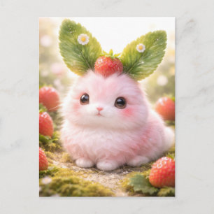 Postal Festiva Personaje de conejo rosa adorable con fresa 