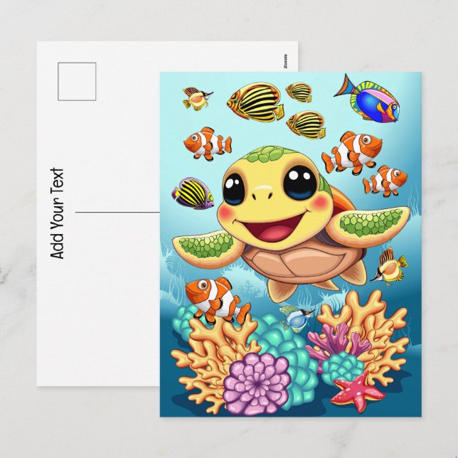 Postal Festiva Personaje Feliz y Lindo Bebé Tortuga Marina (Anverso / Reverso)