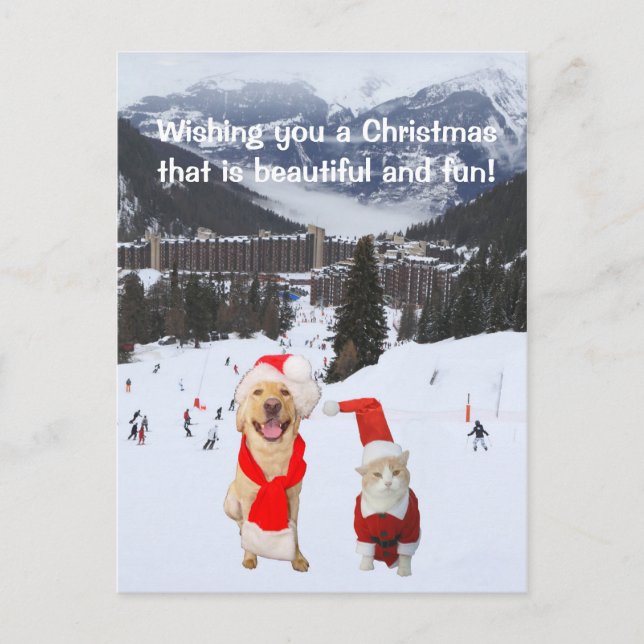 Postal Festiva Personalizable con el perro y el gato en las (Anverso)