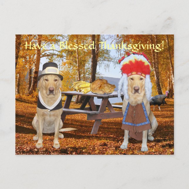 Postal Festiva Personalizable Cute Lab Pilgrim y Jefe (Anverso)