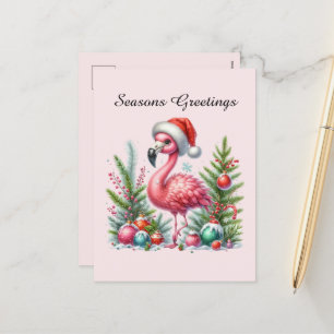 Postal Festiva personalizable de flamingo rosa Seasons Greetings