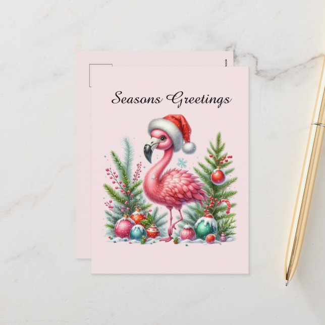 Postal Festiva personalizable de flamingo rosa Seasons Greetings (Anverso/Reverso In Situ)
